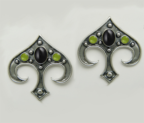 Sterling Silver Gothic Inspired Drop Dangle Earrings With Black Onyx And Peridot